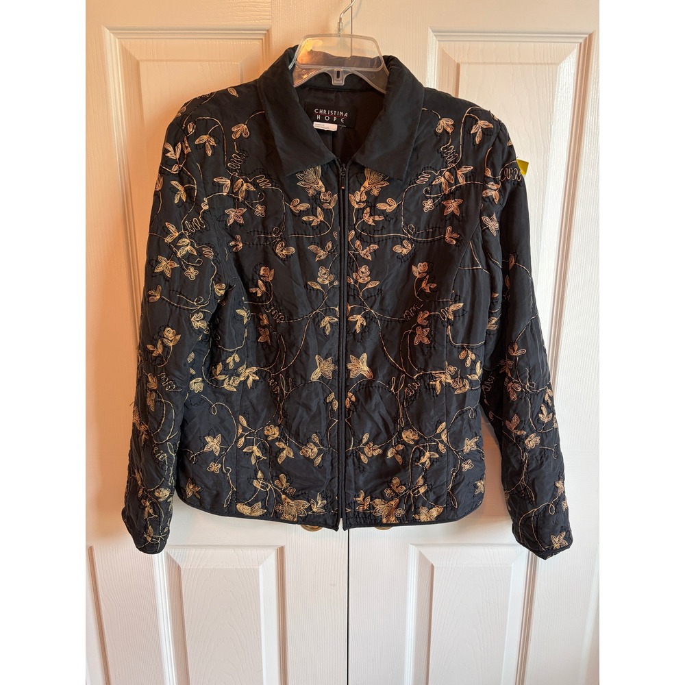 Christina Hope 100% Silk Quilted Jacket Gold Floral Embroidery Black Zip Up